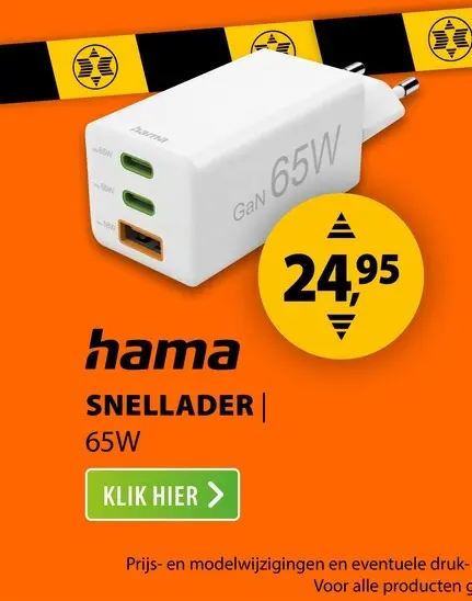 Aanbieding: Hama Fast Charger 2x USB-C PD 1x USB-A QC Mini-Charger 65 W Wit