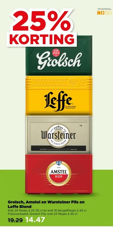 Aanbieding: Grolsch, Amstel en Warsteiner Pils en Leffe B