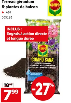 Offre: Terreau pour géraniums et plantes de balcon 40 L COMPO