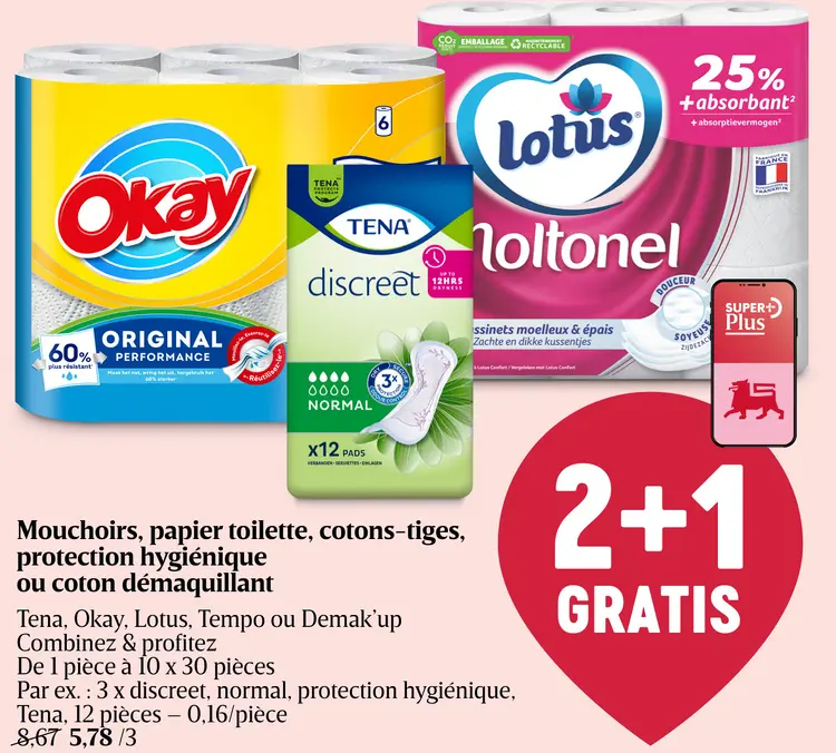Offre: Mouchoirs, papier toilette, cotons-tiges, protection hygiénique ou coton démaquillant