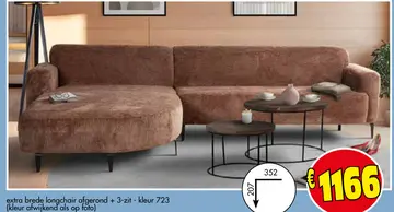 Aanbieding: extra brede longchair afgerond + 3-zit - kleu