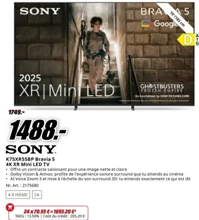 Offre: K75XR55BP Bravia 5 4K XR Mini LED TV