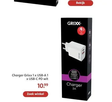 Aanbieding: Charger Grixx 1 x USB-A 1 x USB-C PD wit