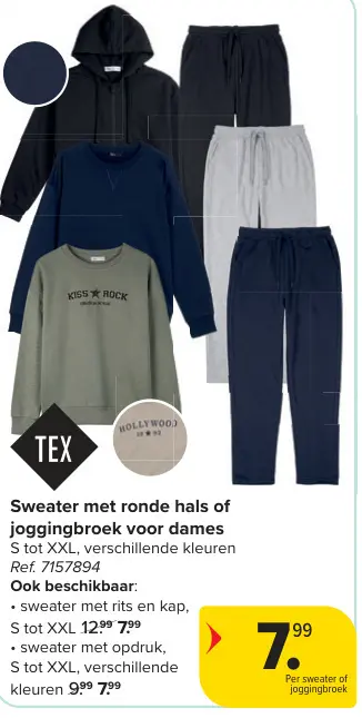 Promotie: Sweater met ronde hals of joggingbroek voor dames