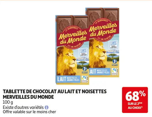 Promotie: Tablette de chocolat au lait et noisettes Merveilles du monde