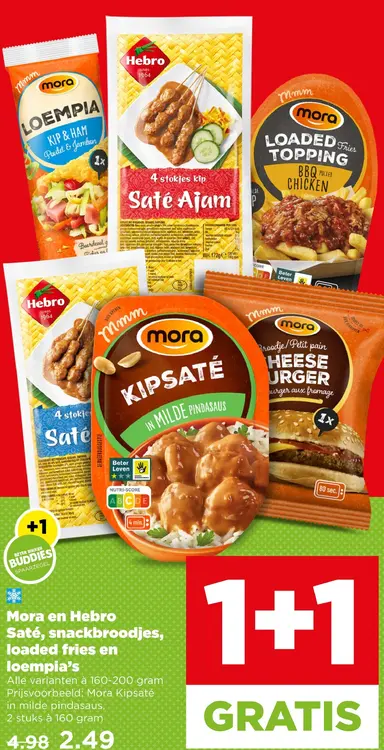 Aanbieding: Mora en Hebro Saté, snackbroodjes, loaded fries en loempia's