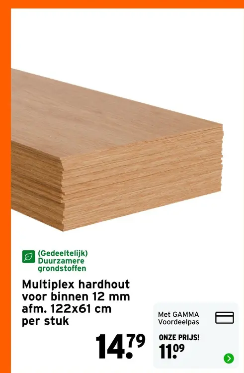 Aanbieding: Multiplex hardhout voor binnen 12 mm afm. 122x61 cm