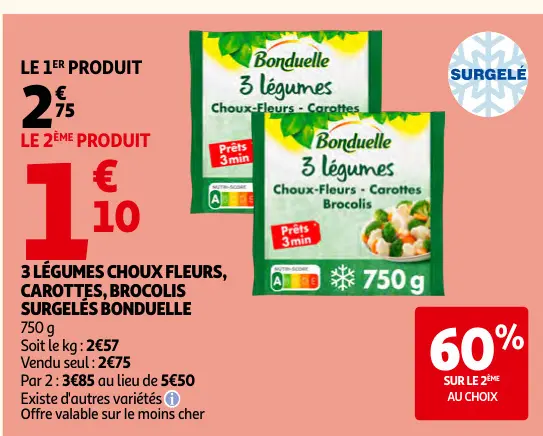 Offre: 3 légumes choux fleurs, carottes, brocolis surgelés