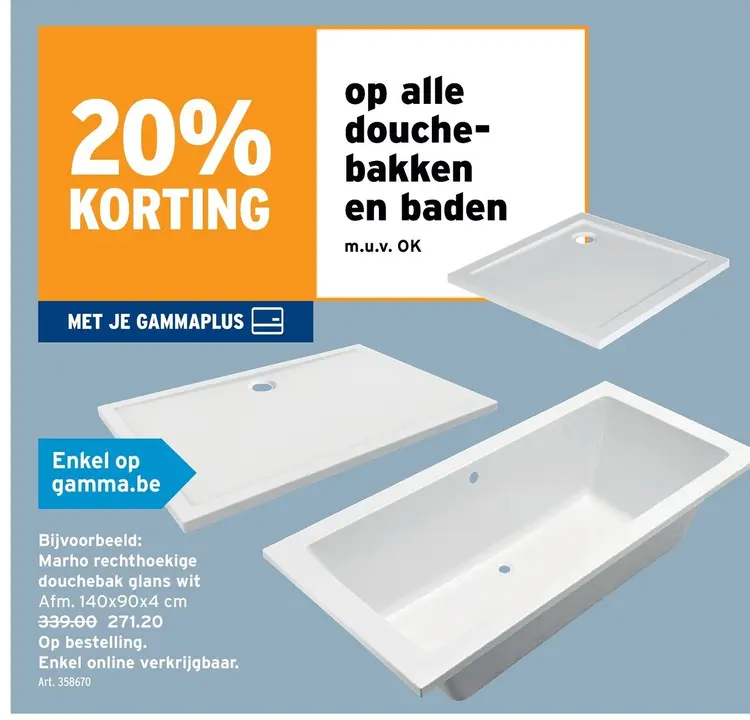 Promotie: Marho rechthoekige douchebak glans wit