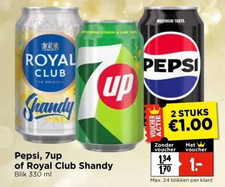 Aanbieding: Pepsi, 7up of Royal Club Shandy