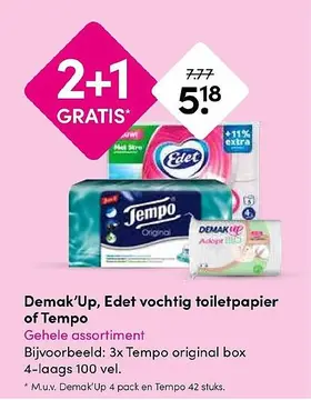 Aanbieding: Demak'Up, Edet vochtig toiletpapier of Tempo
