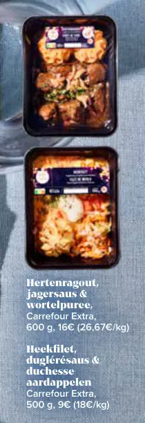 Promotie: Hertenragout, jagersaus & wortelpuree / Heekfilet