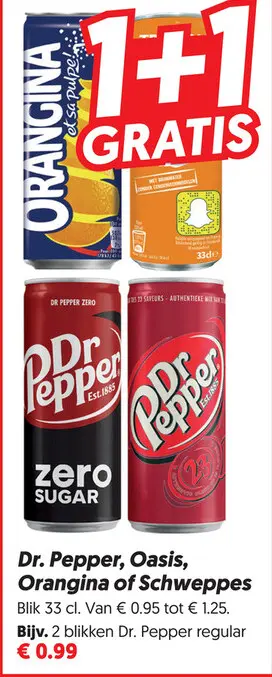 Aanbieding: Dr. Pepper, Oasis, Orangina of Schweppes