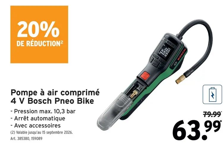 Offre: Pompe à air comprimé 4 V Bosch Pneo Bike