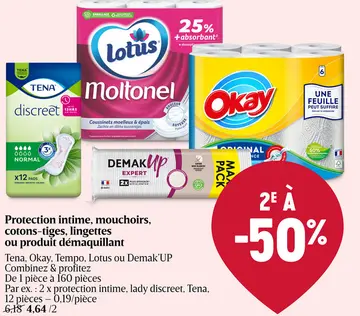 Offre: Protection intime, mouchoirs, cotons-tiges, lingettes ou produit démaquillant