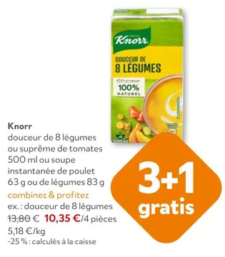 Offre: Knorr douceur de 8 légumes ou suprême de tomates ou soupe instantanée de poulet