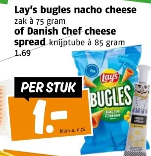 Aanbieding: Lay's bugles nacho cheese of Danish Chef cheese