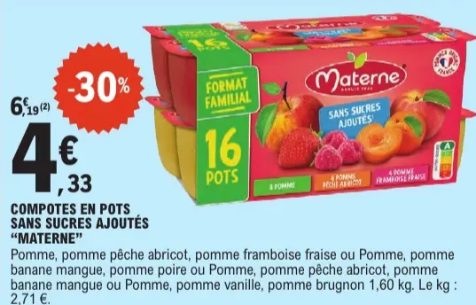 Offre: Compotes en pots sans sucres ajoutés
