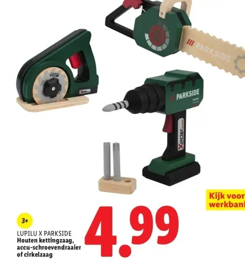 Aanbieding: Houten kettingzaag, accu-schroevendraaier of cirkelzaag