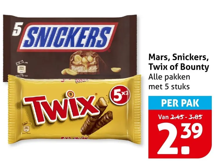 Aanbieding: Mars, Snickers, Twix of Bounty