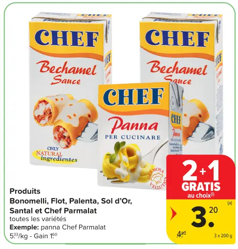 Offre: Produits Bonomelli, Flot, Palenta, Sol d'Or, Santal et Chef Parmalat