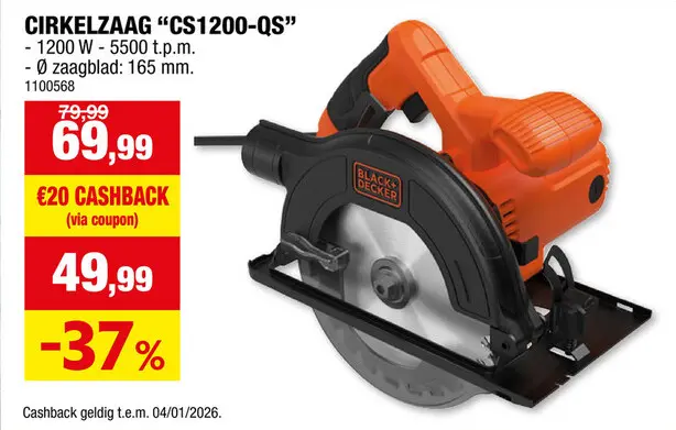 Promotie: Black+Decker CS1200-QS cirkelzaag 1200W 165mm