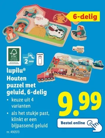 Aanbieding: Houten puzzel met geluid 6-delig