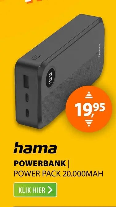Aanbieding: Hama Power Pack 20.000mAh 3 Uitgangen: 2X USB-C 1X USB-A Zwart