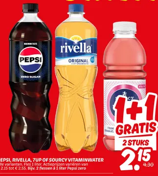 Aanbieding: Pepsi, RIVELLA, 7UP of SOURCY vitaminwater
