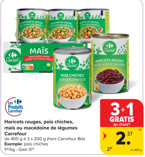 Offre: Haricots rouges, pois chiches, maïs ou macédoine de légumes