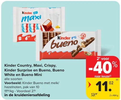 Promotie: Kinder Country, Maxi, Crispy, Kinder Surprise en Bueno, Bueno White en Bueno Mini
