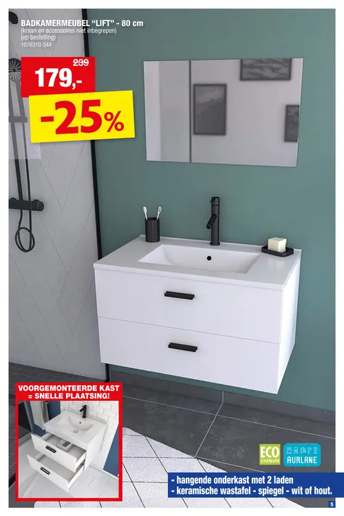 Promotie: Aurlane Lift badkamermeubel set 80cm 2 lades wit
