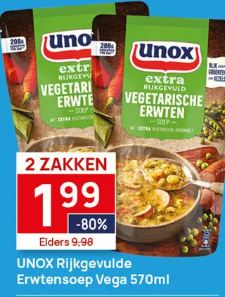 Aanbieding: 2 zakken UNOX Rijkgevulde Vega Erwtensoep   570ml