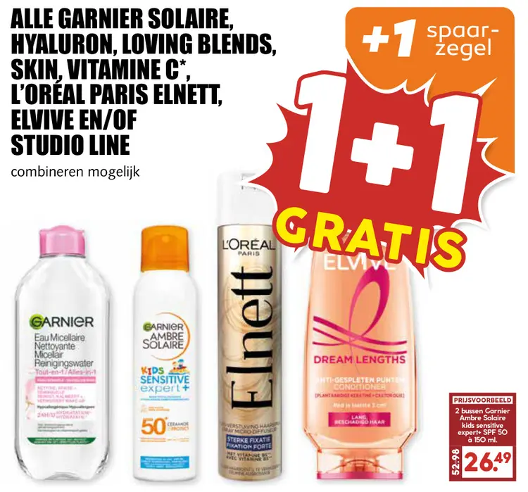 Aanbieding: Alle Garnier Solaire, Hyaluron, Loving Blends, Skin, Vitamine C, L'Oréal Paris Elnett, Elvive en/of Studio Line