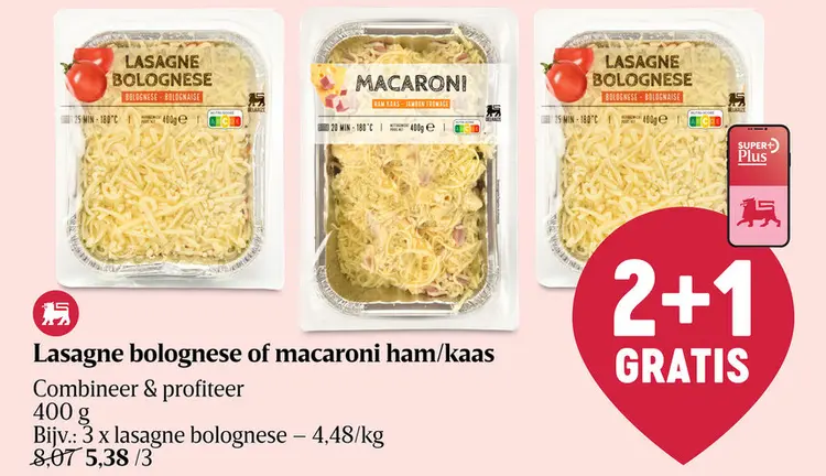 Promotie: Lasagne bolognese of macaroni ham/kaas