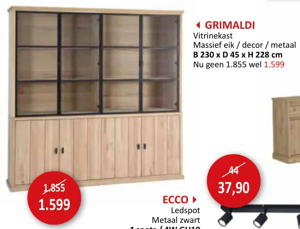 Aanbieding: Grimaldi Vitrinekast Massief eik / decor / metaal