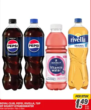 Aanbieding: Royal club, PEPSI, RIVELLA, 7up of SOURCY vitaminewater