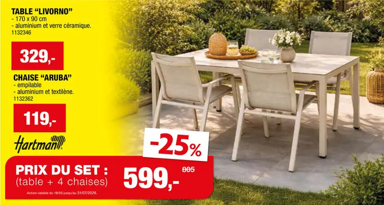 Offre: Hartman Livorno table de jardin 170x90 cm sand
