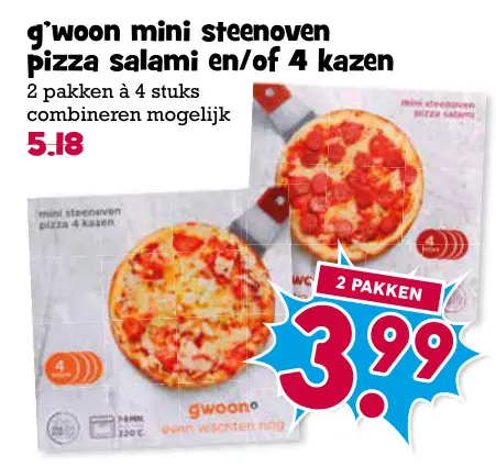 Aanbieding: Mini steenoven pizza salami en/of 4 kazen