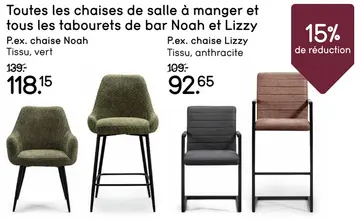 Offre: Toutes les chaises de salle à manger et tabourets de bar Noah et Lizzy