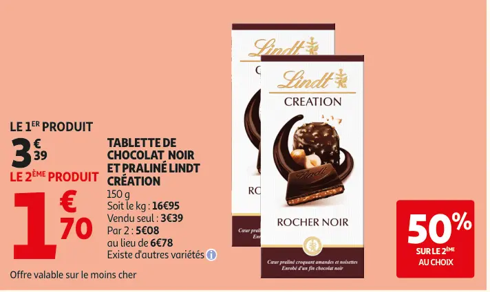 Promotie: Tablette de chocolat noir et praliné Lindt cr