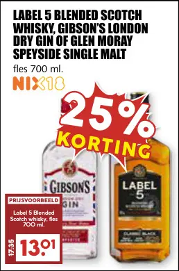 Aanbieding: Label 5, Gibson's & Glen Moray Blended Scotch Whisky, London Dry Gin of Single Malt