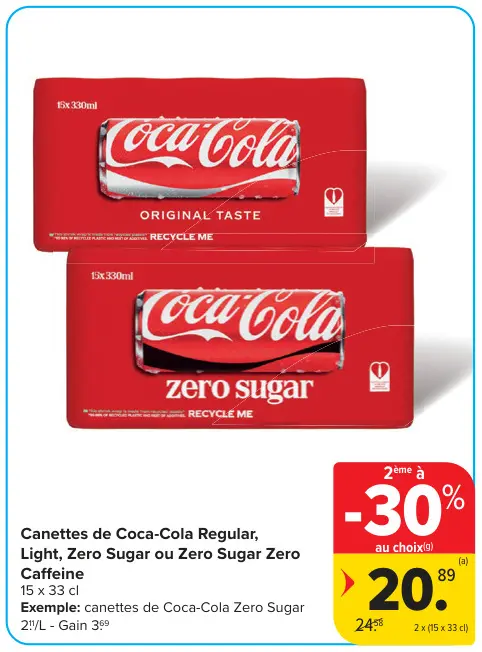 Offre: Canettes de Coca-Cola Regular, Light, Zero Sugar ou Zero Sugar Zero Caffeine