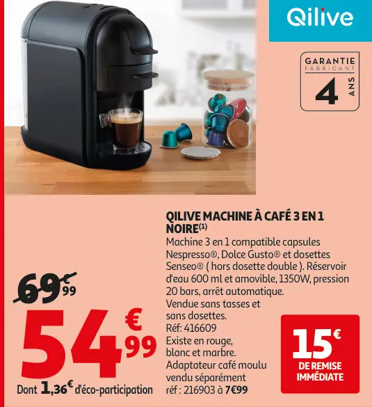Offre: Qilive machine à café 3 en 1 noire