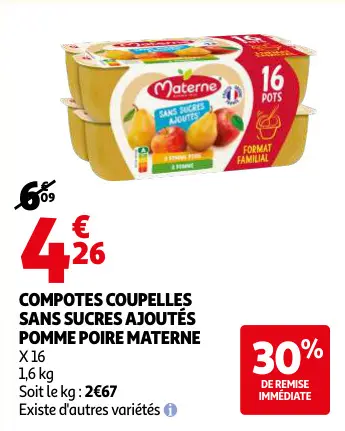 Offre: Compotes coupelles sans sucres ajoutés pomme poire materne