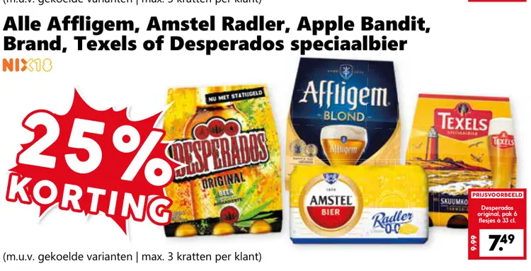 Aanbieding: Alle Affligem, Amstel Radler, Apple Bandit, Brand, Texels of Desperados speciaalbier