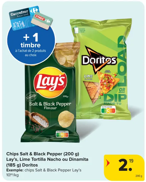 Offre: Chips Salt & Black Pepper Lay's, Lime Tortilla Nacho ou Dinamita