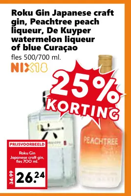 Aanbieding: Roku Gin Japanese craft gin, Peachtree peach liqueur, De Kuyper watermelon liqueur of blue Curacao