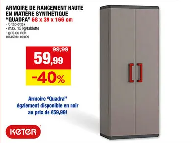 Offre: Keter Quadra armoire de rangement haute 68x39x166 cm gris