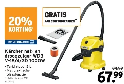 Promotie: Kärcher nat- en droogzuiger WD3 V-15/4/20 100W